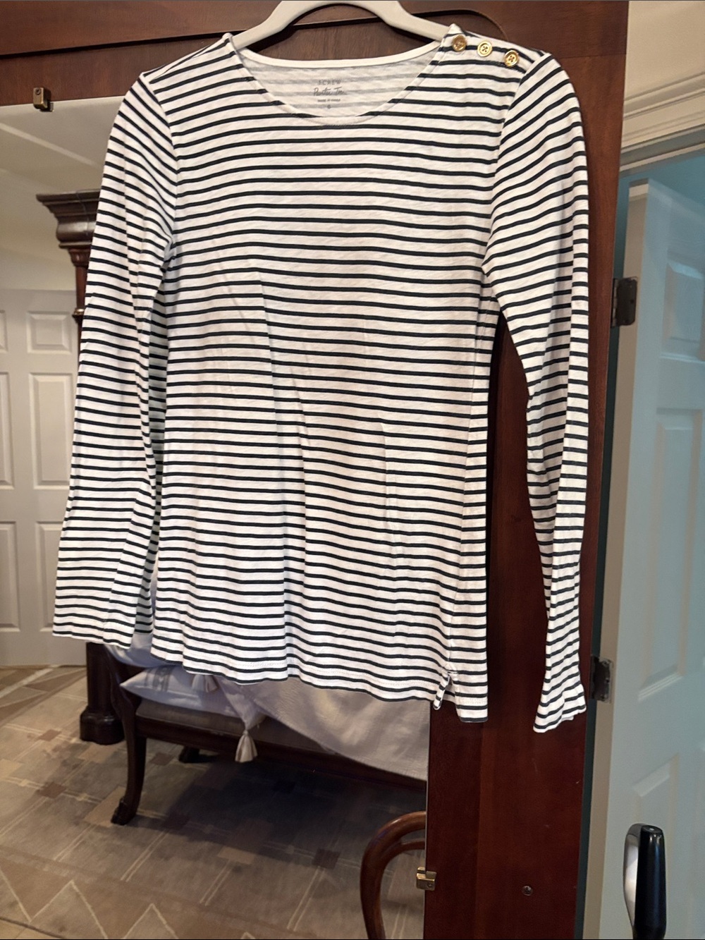 Striped Long-Sleeve Boatneck Top with Shoulder Buttons - White & Navy Stripe